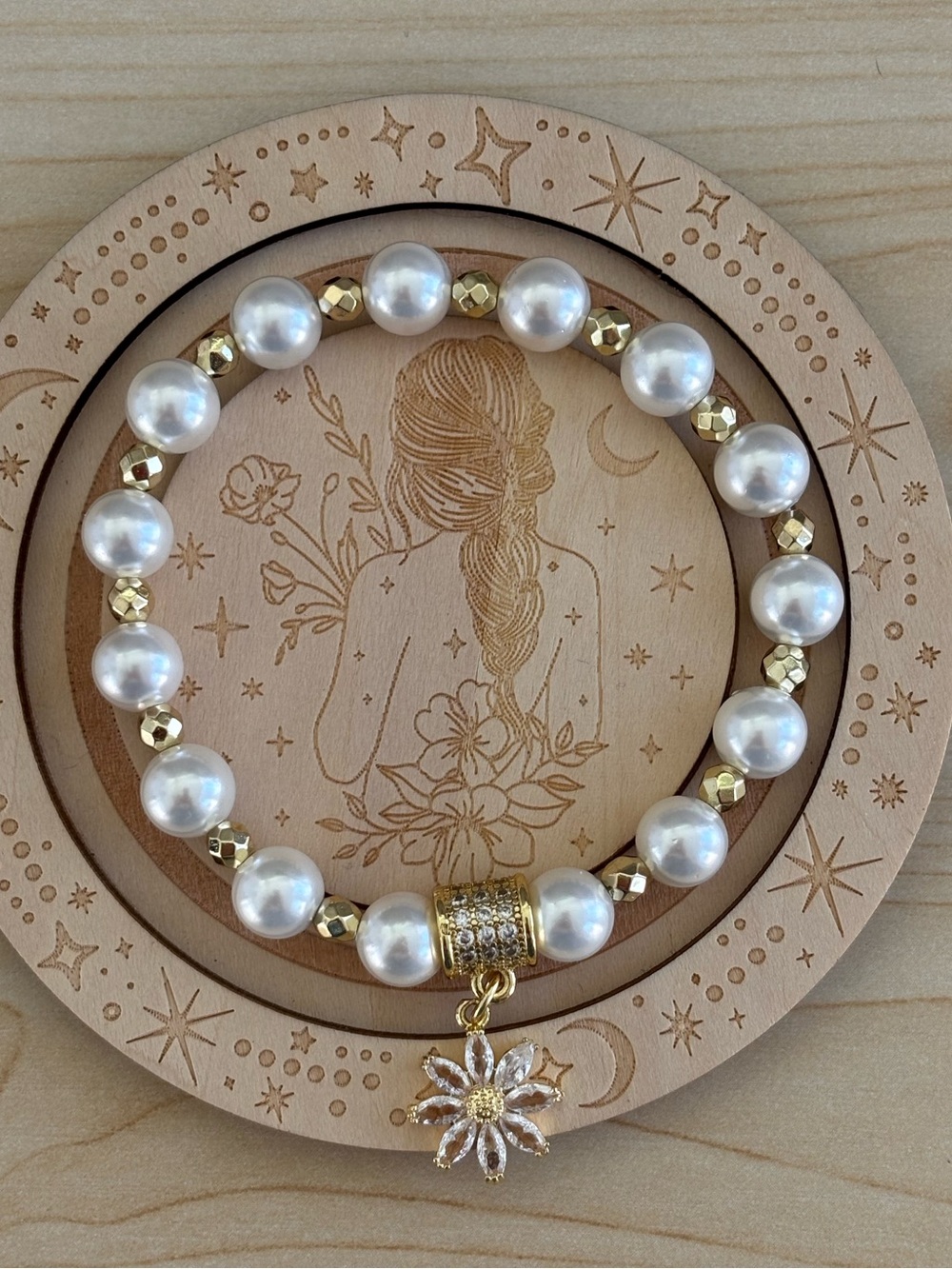 Cream White Faux Pearl & Golden Hematite Flower Bracelet